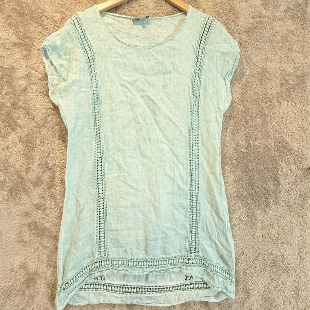Bellambra Mint Green Linen Shift Dress Embroider Lace Trim M Made in Italy